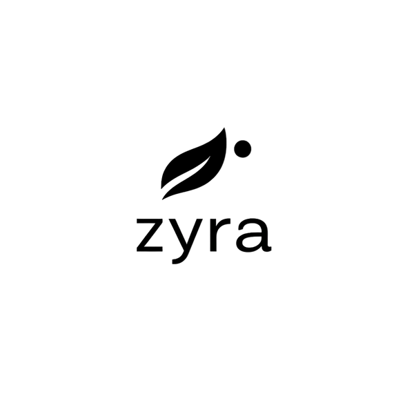 Logo of 'zyra' with a leaf design on a white background